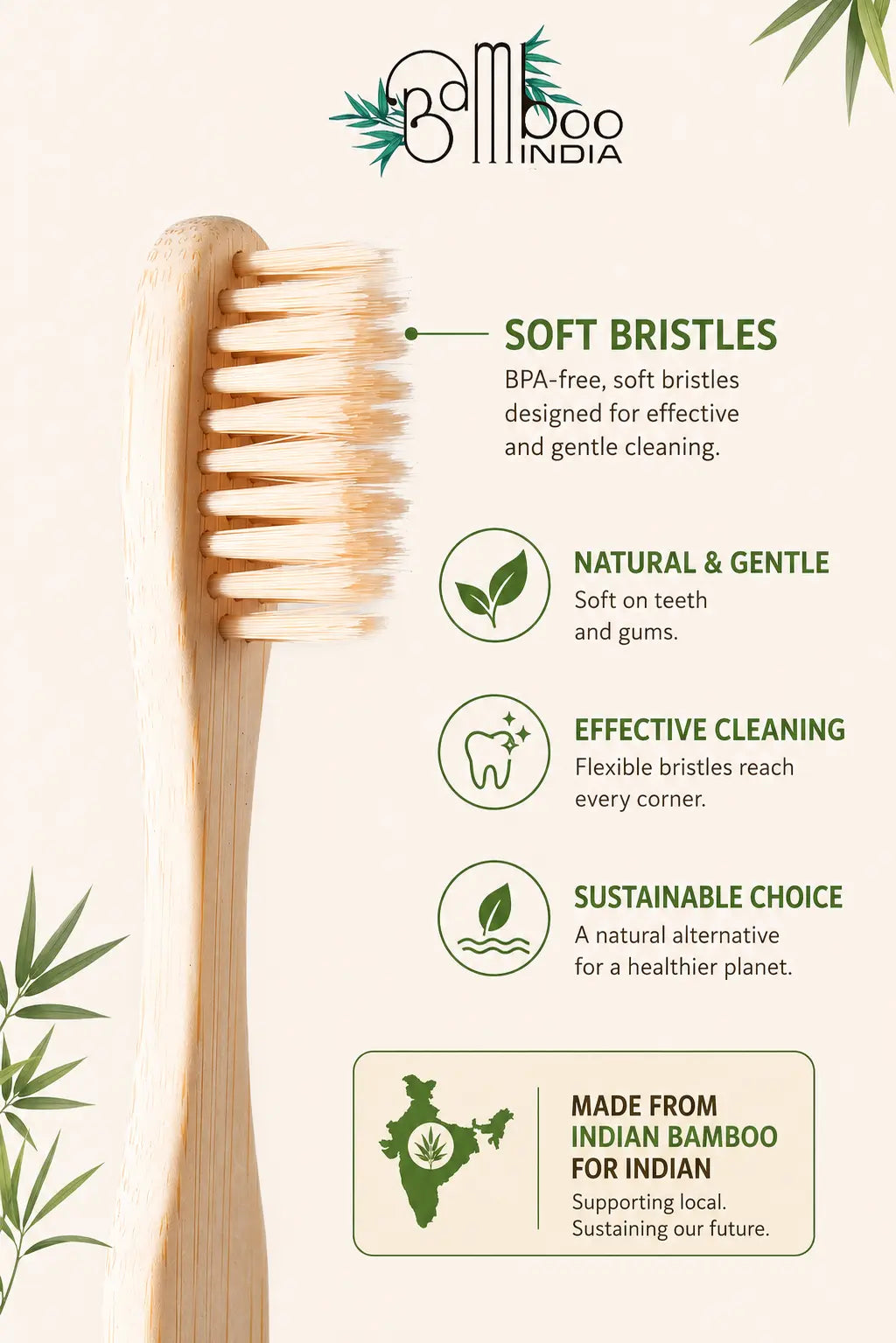 Bamboo Toothbrush Natural - Pack of 4 - Free Shipping Bamboo India