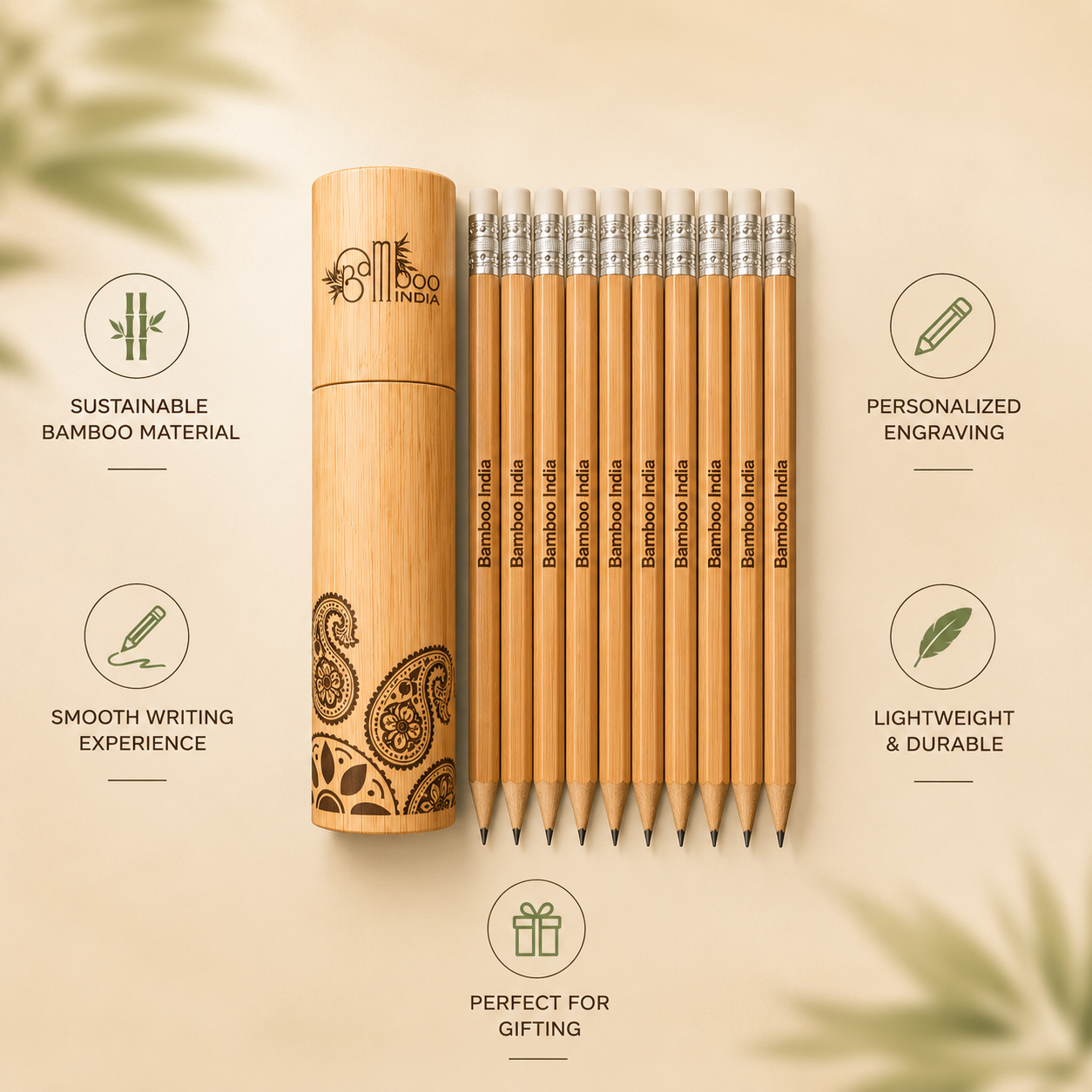 Set of bamboo pencils with a wooden holder on a beige background, featuring sustainability and gift-giving attributes.