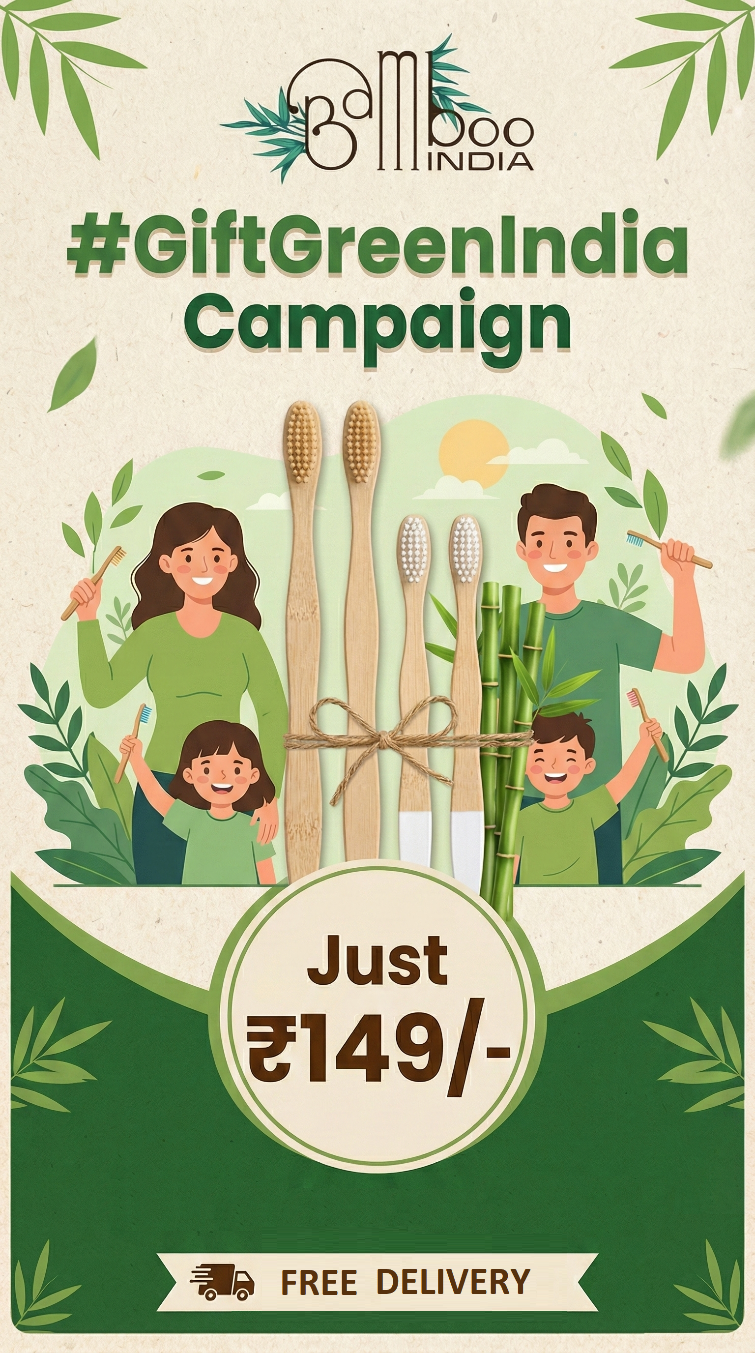 Bamboo Toothbrush 2 Adult and 2 Kids - (Pack of 4) - Free Shipping