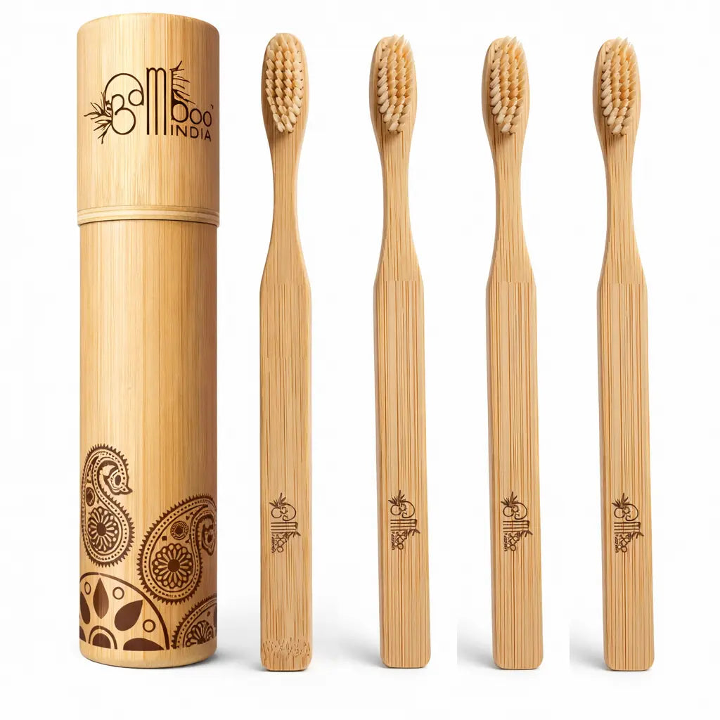 Bamboo Toothbrush Natural - Pack of 4 - Free Shipping Bamboo India